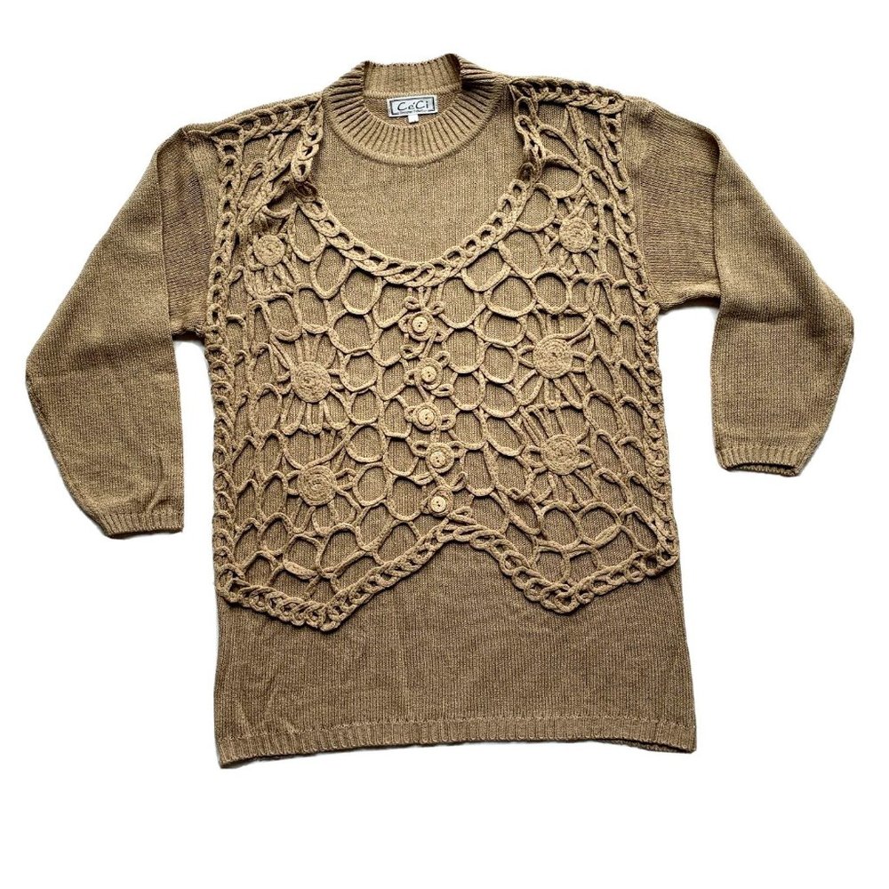 Vintage Ce'Ci Sweater Womens M/L Brown Crochet Chunky Knit‎ Linen Blend Boho NEW